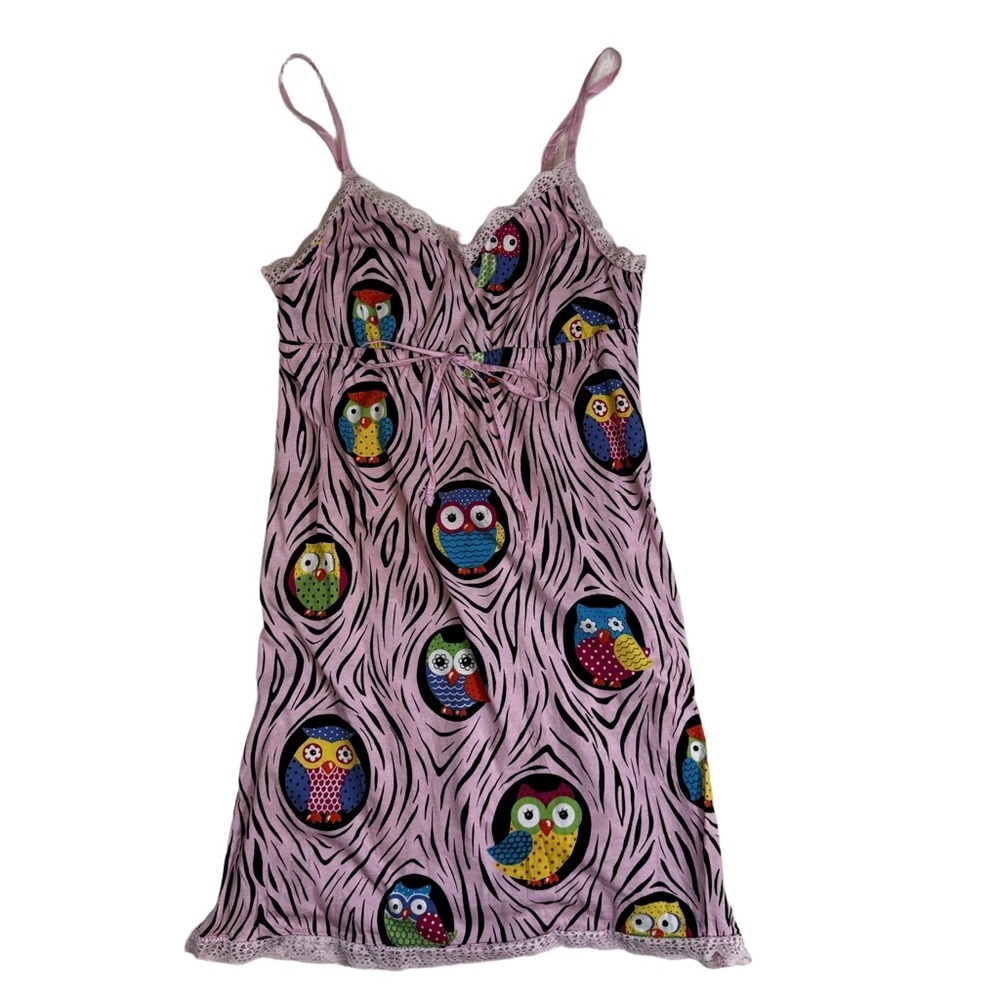 Nick & Nora Pink Owl Sleepwear Dress Size Medium Adjustable Straps Ties at Bust